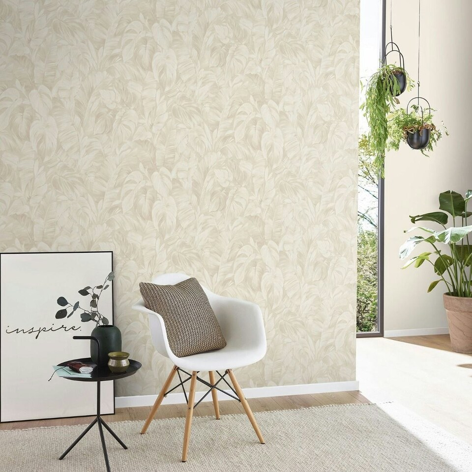 image 1 of Erismann Play Of Light Palm Leaf Vinyl Textured Wallpaper - Cream - 10m x 53cm Cream