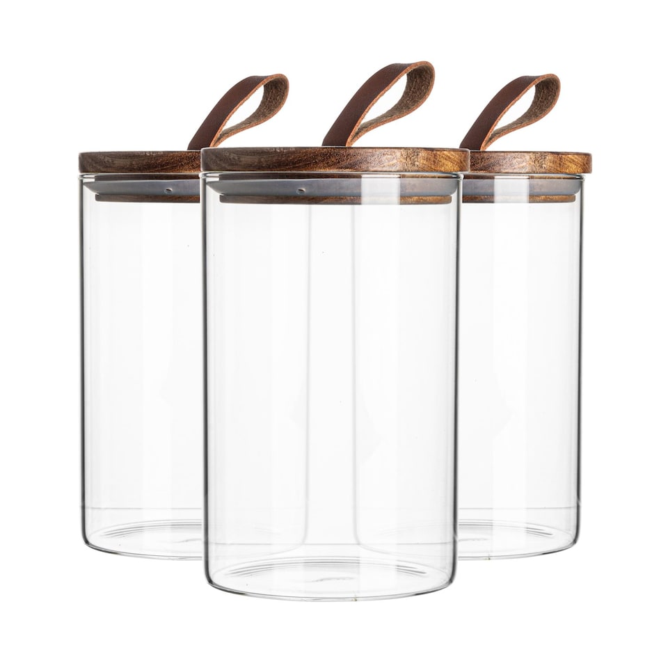 image 1 of Argon Tableware Glass Storage Jars - Leather Loop Lid - 1 Litre - Modern Round Scandi Organisation Container Glass Jar - Set of 3