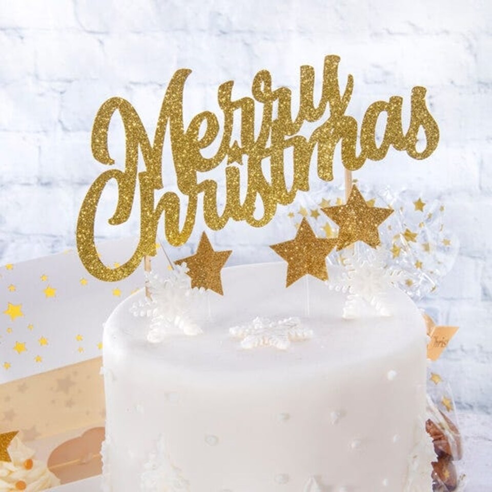 image 1 of Anniversary House Glitter Merry Christmas Cake Topper Gold