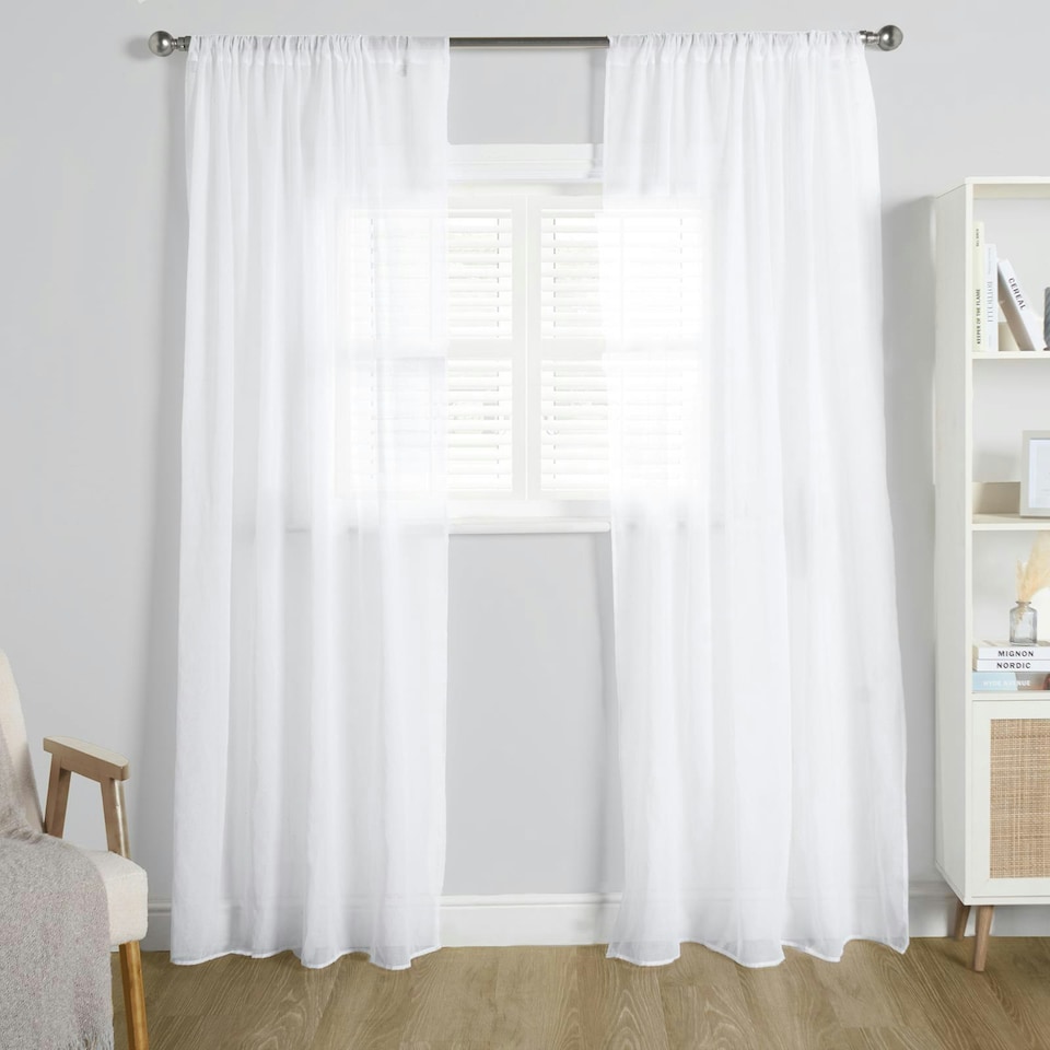 image 1 of OHS Linen Look Slot Top Sheer Net 2 Panel Voile Curtains, 55x87" - White