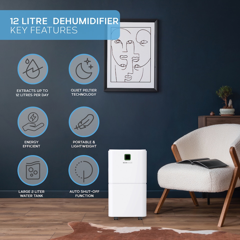 image 1 of MONHOUSE 12L/Day Digital Dehumidifier - For Laundry Drying - Portable Mould, Damp, Condensation Remover - Quiet Moisture Absorber