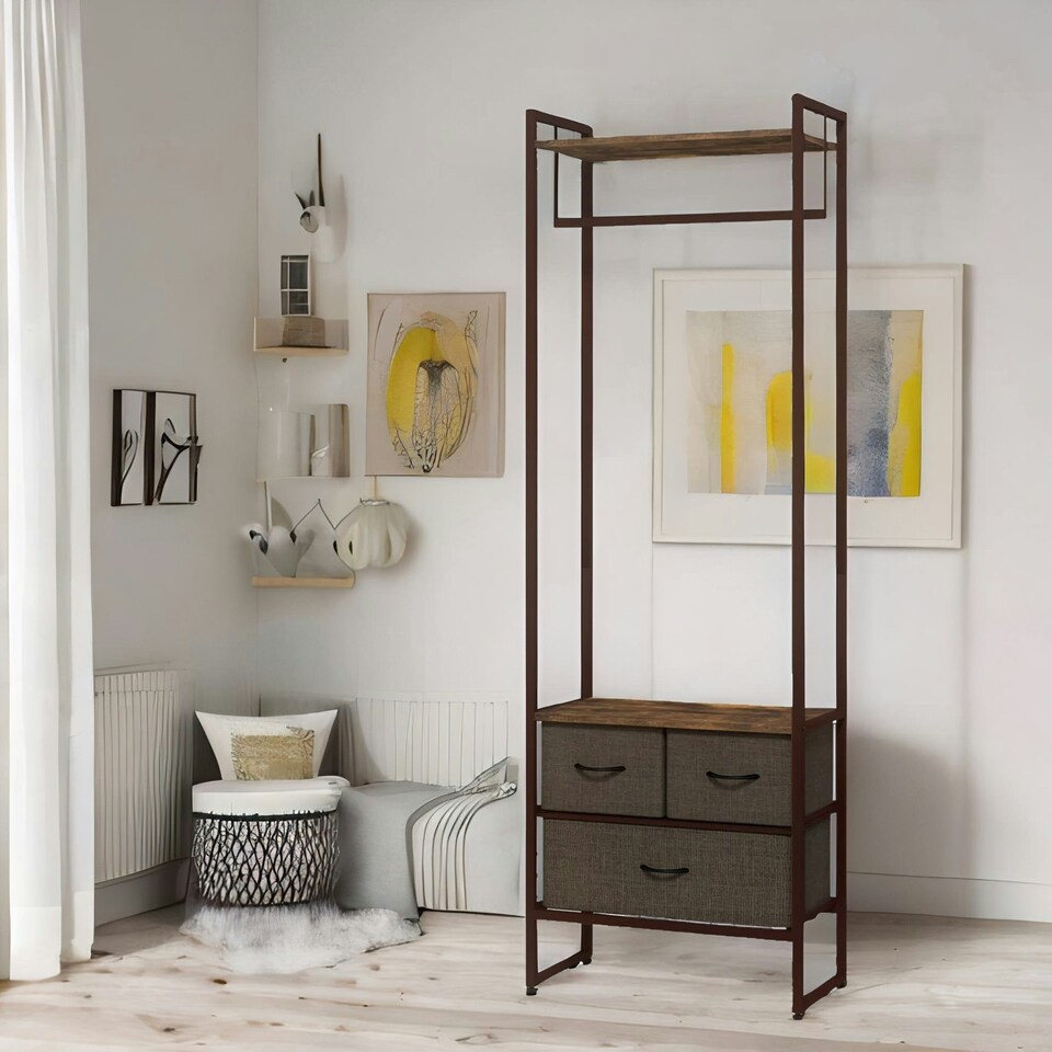 image 1 of Industrial Hall Tree Coat Rack With 3 Fabric Drawers Brown One Size