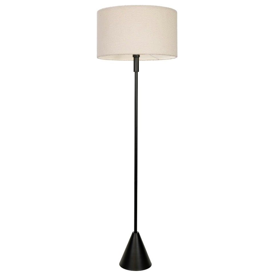image 1 of ValueLights Mitch Boucle Drum Lamp Shade Black Wood Stem Triangle Floor Lamp with LED Bulb Black