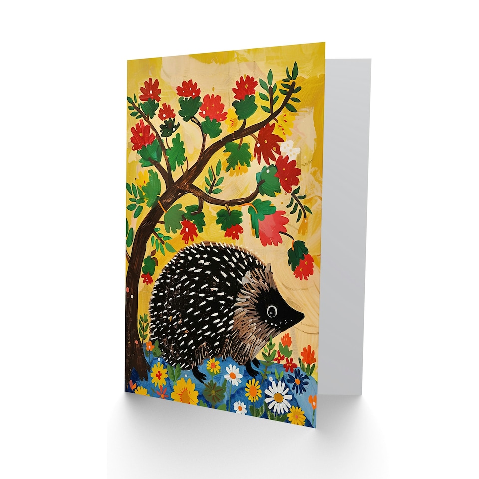 image 1 of Charming Under Tree Flowers Folk Hedgehog Him Her Birthday Card