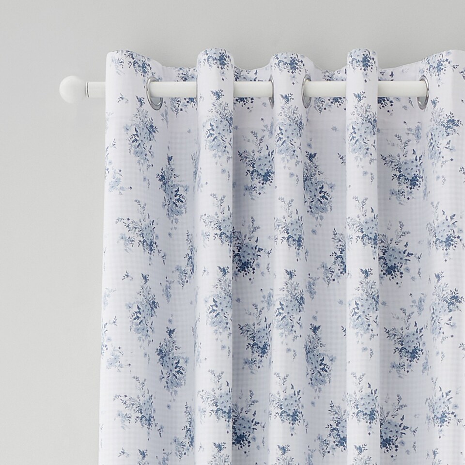 image 1 of Catherine Lansfield Lucie Floral Frill Fully Reversible Eyelet Curtains | Blue | 66x90"