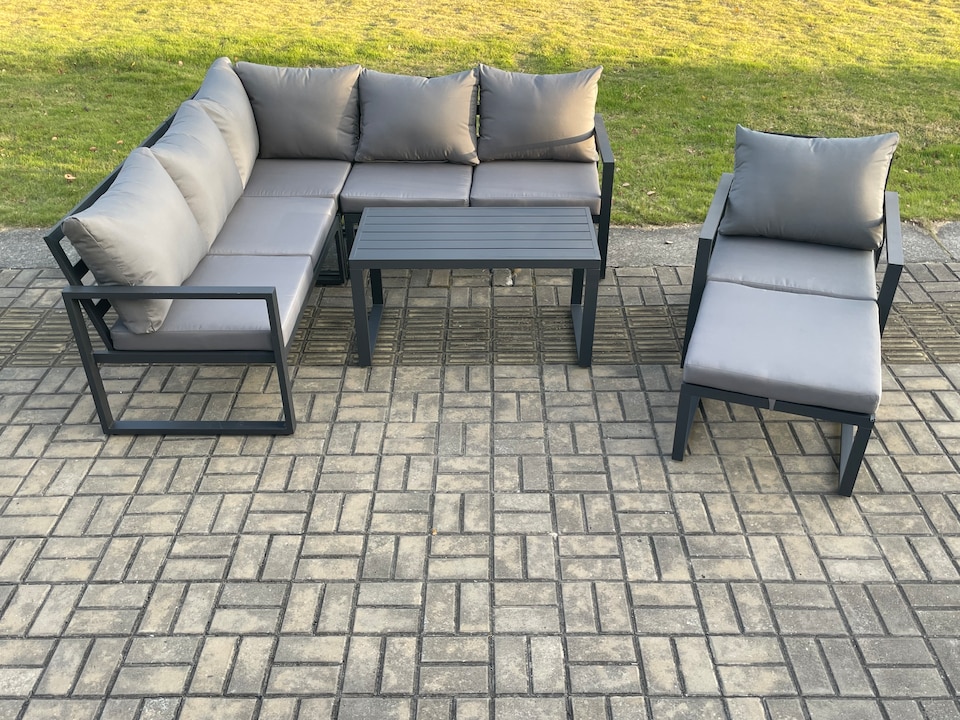 image 1 of Fimous Aluminium Outdoor Garden Furniture Set Lounge Sofa Oblong Coffee Table Sets with Chair Big Footstool Indoor Conservatory Set Dark Grey