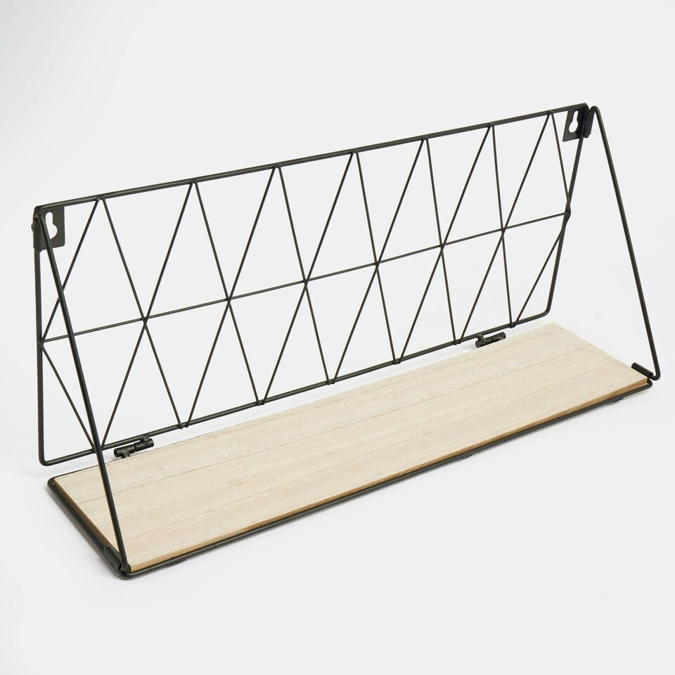image 1 of OHS Geometric Wire Hanging Wooden Wall Mounted Display Storage Organiser Shelf - Black