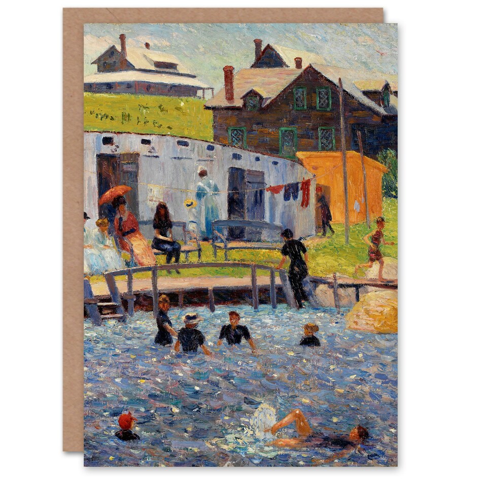 image 1 of William Glackens Art Card Bathing Hour Seaside Scene Painting