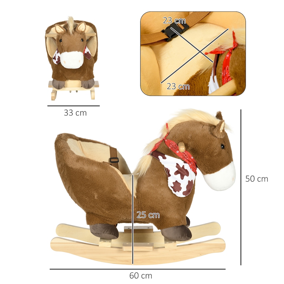 image 1 of HOMCOM Kids Rocking Horse Plush Ride On Horse with Safety Belt, Realistic Sounds, Foot Pedals for Toddlers Aged 18-36 Months - Brown