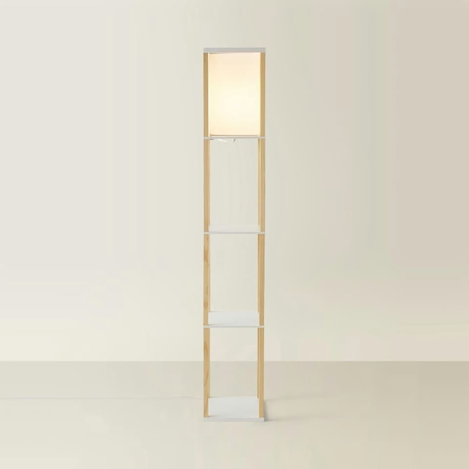 image 1 of ValueLights Struttura Oak Shelving Floor Lamp Fabric Shade & Bulb | Brown