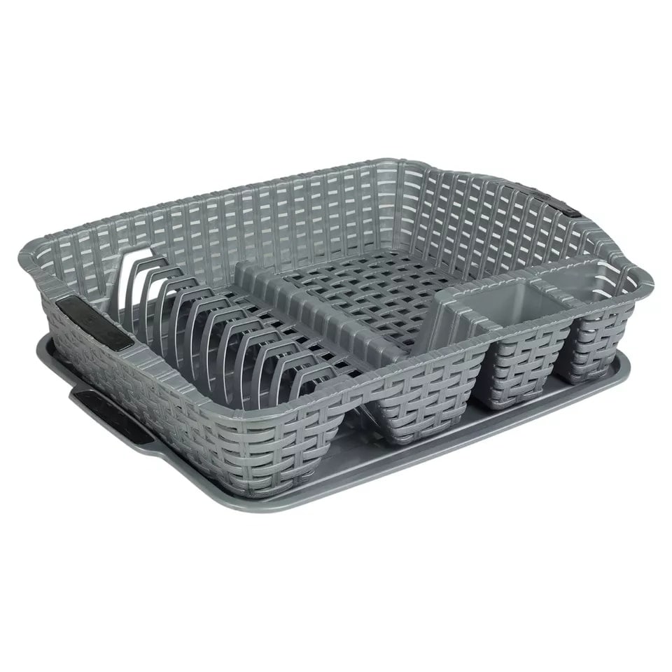 image 1 of Rattan Effect Dish Drainer with Tray | Grey | 1
