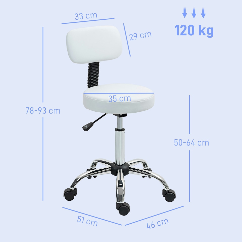 image 1 of HOMCOM Rolling Stool with Backrest, Wheels, Faux Leather Salon Chair White