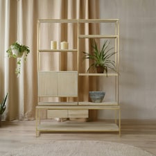 Iron Framed Shelf Unit For Study Room,Bookcase Storage Unit,Gold Finished Display Unit,Oak Wood Shelf Unit Gold