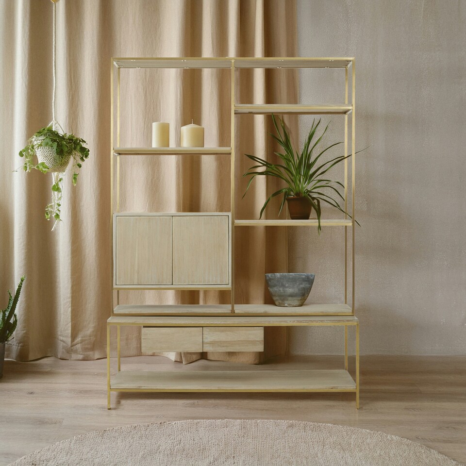 image 1 of Iron Framed Shelf Unit For Study Room,Bookcase Storage Unit,Gold Finished Display Unit,Oak Wood Shelf Unit Gold