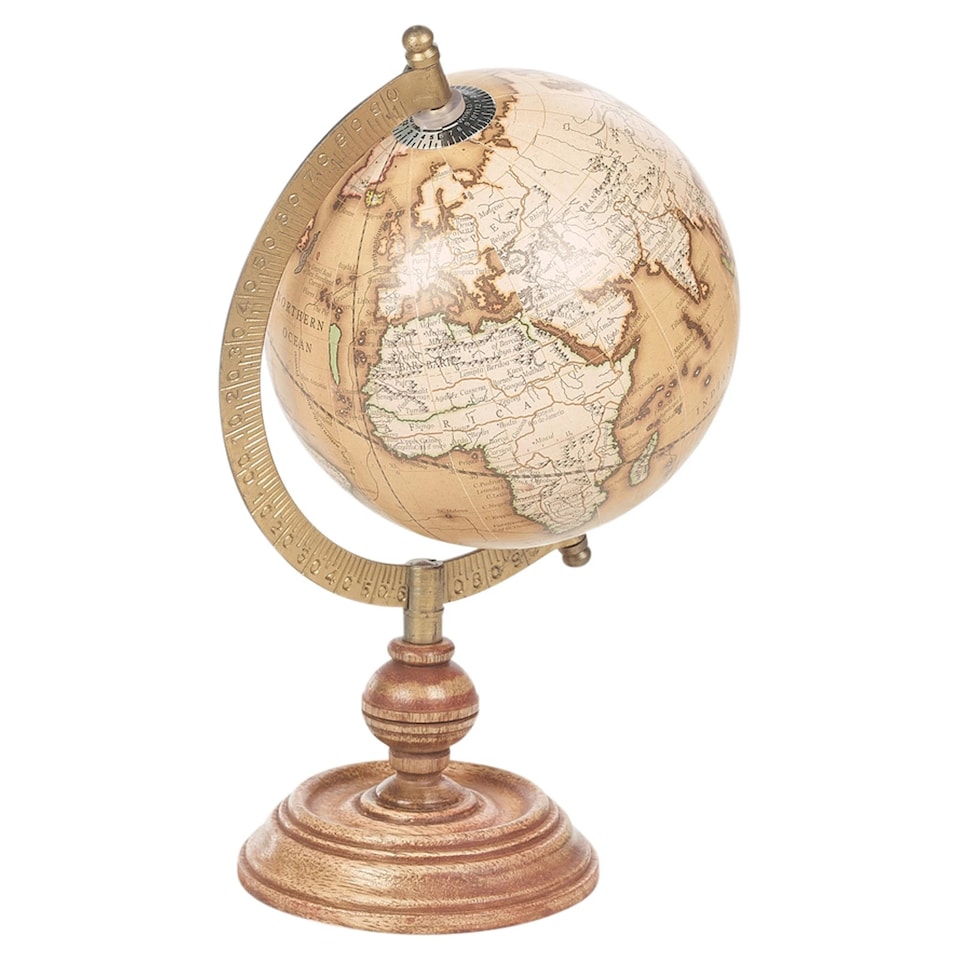 image 1 of World Globe On Wood & Metal Stand Desk Vintage Style Educational | Green | Copper 45cm