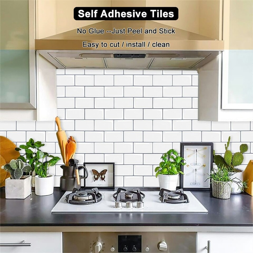 image 1 of Living and Home 10Pcs Peel and Stick 1.2mm Thick Backsplash Tiles - Off White