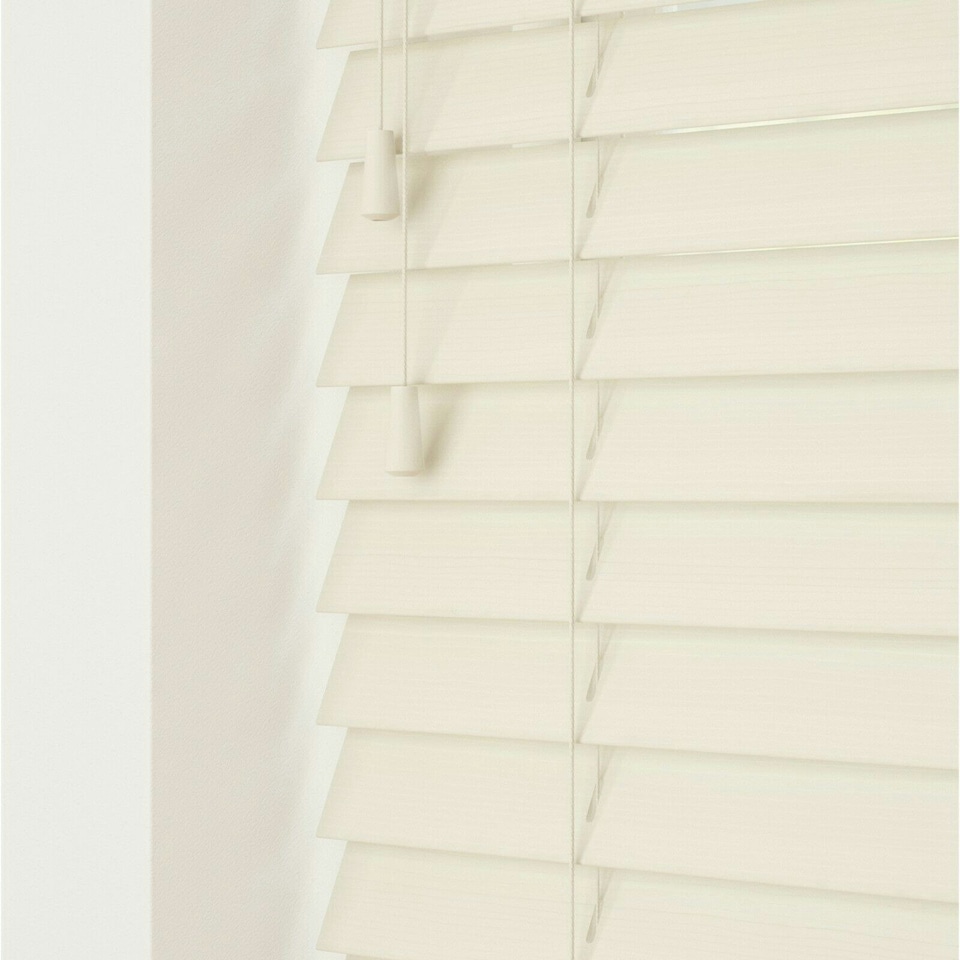 image 1 of 140cm Misty White  Smooth Finish Faux Wood Venetian Blinds with Strings  (120cm Drop) | White | White