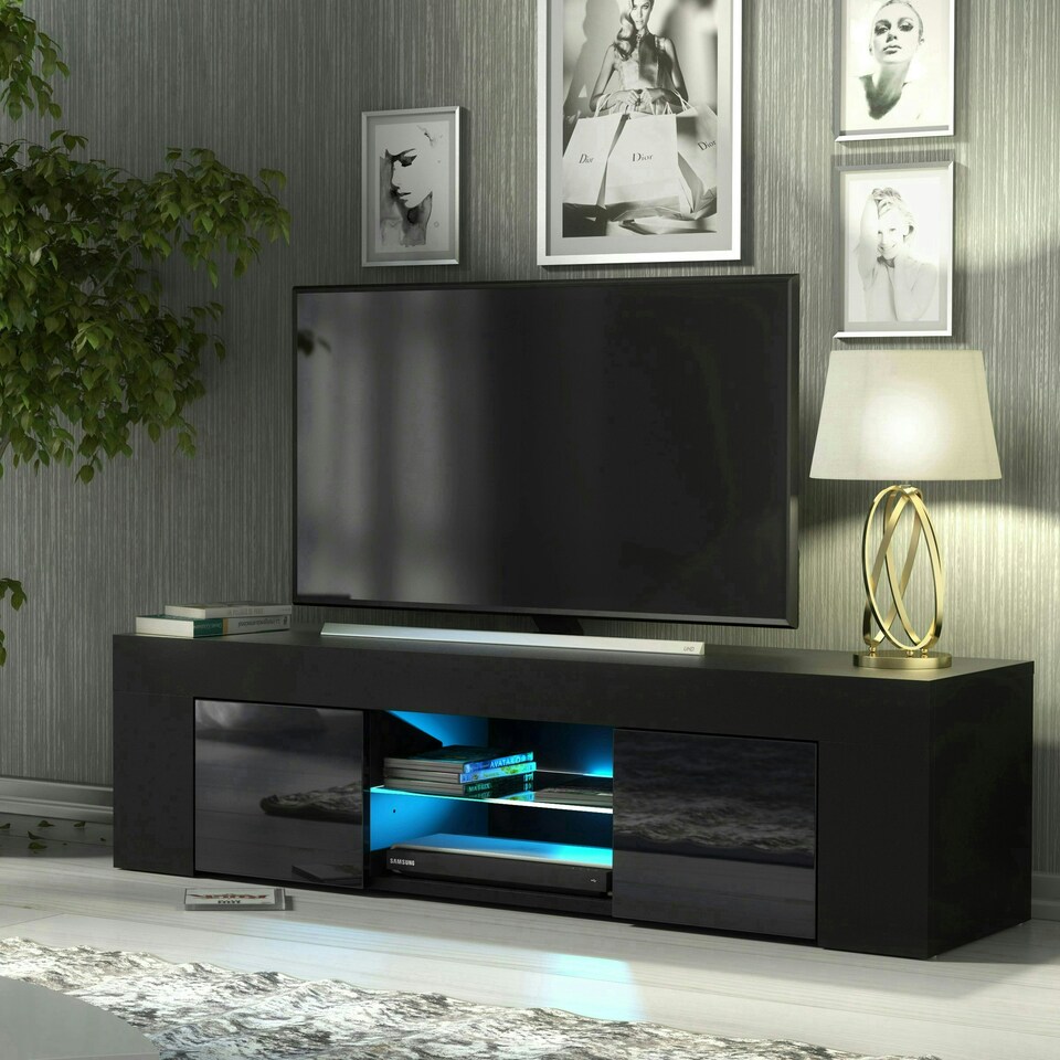 image 1 of TV Unit 130cm Black Gloss Doors Black Matt Body Modern Media Stand Black