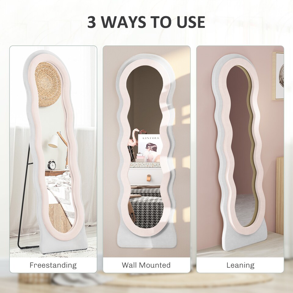 image 1 of HOMCOM Irregular Wavy Mirror Full Length, 160  50cm Free Standing, Leaning or Wall Mirror with Velvet Wrapped Frame and Arched Top for Living Room, Bedroom, White and Pink