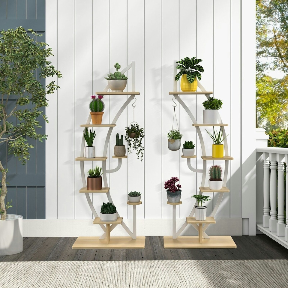 image 1 of COSTWAY 2 Pcs Wooden 8-Tier Plant Stand Rack Half Moon Shelf White