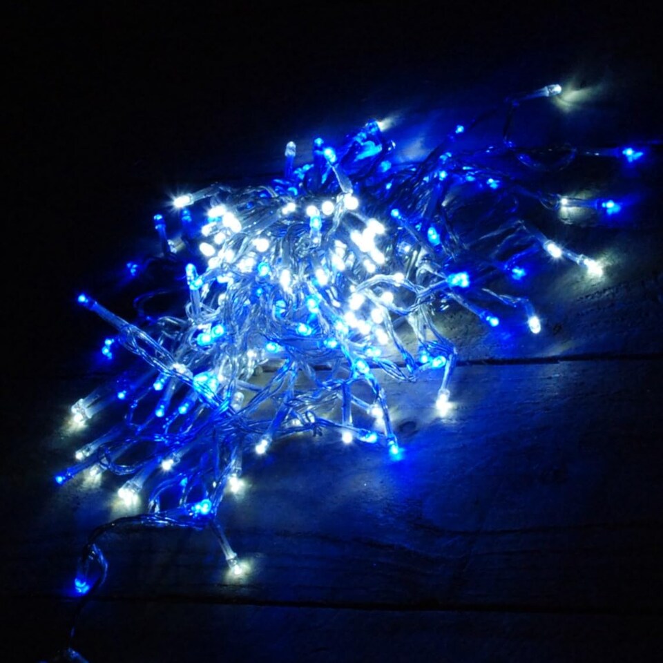 image 1 of 200 LED 16m Premier Christmas Outdoor Function Lights Timer Clear Cable Blue & White