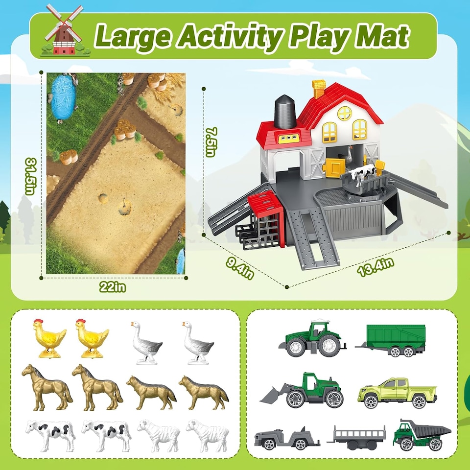 image 1 of 39PCS DIY Farm Animal Playset with Tractor Vehicles, Barn, Fences & Large Play Mat – Educational Farm Toy for Kids Ages 3+