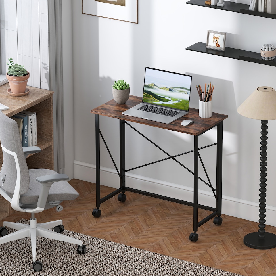 image 1 of HOMCOM Small Folding Desk, 80 cm Foldable Computer Desk on Wheels for Small Space, Easy Assembly, Space Saving Writing Table for Home Office, Bedroom, Rustic Brown