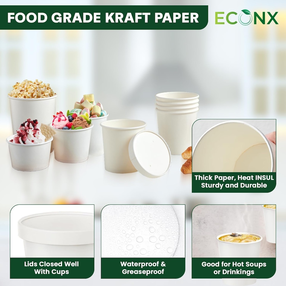 image 1 of ECONX 8oz White Disposable Paper Soup Cups Food Containers with Lids Takeaway Tubs 25pc