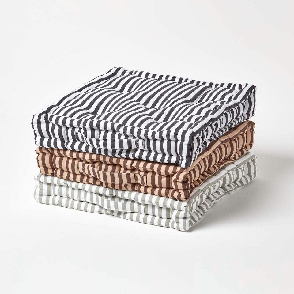 image 1 of Homescapes Cotton Brown and Beige Thin Stripe Floor Cushion - 50 x 50 cm | Cream | Beige | 50 x 50 cm