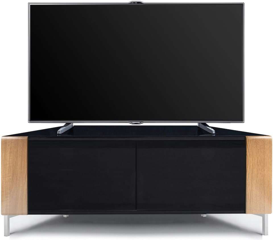 image 1 of MDA Designs CORVUS Corner-Friendly Gloss Black Contemporary Cabinet with Oak Profiles Black BeamThru Glass Doors Suitable for Flat Screen TVs up to 50" | Multi | 1