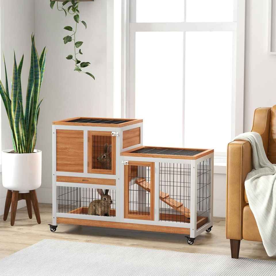 image 1 of PawHut Wooden Indoor Rabbit Hutch Elevated Bunny Cage w/ Enclosed Run Wheel
