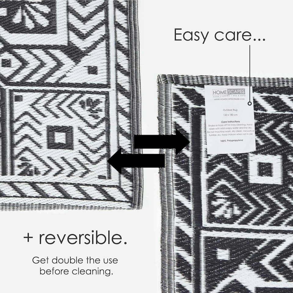 image 1 of Homescapes Outdoor Rug Luxury Waterproof Reversible, For Garden, Geometric Aztec | Black | Black and White