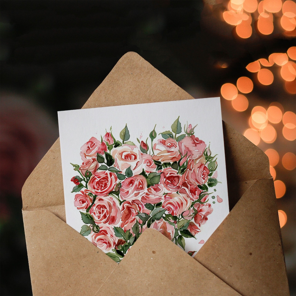 image 1 of Pink Roses Love Heart Flower Bouquet Watercolour Wedding Card