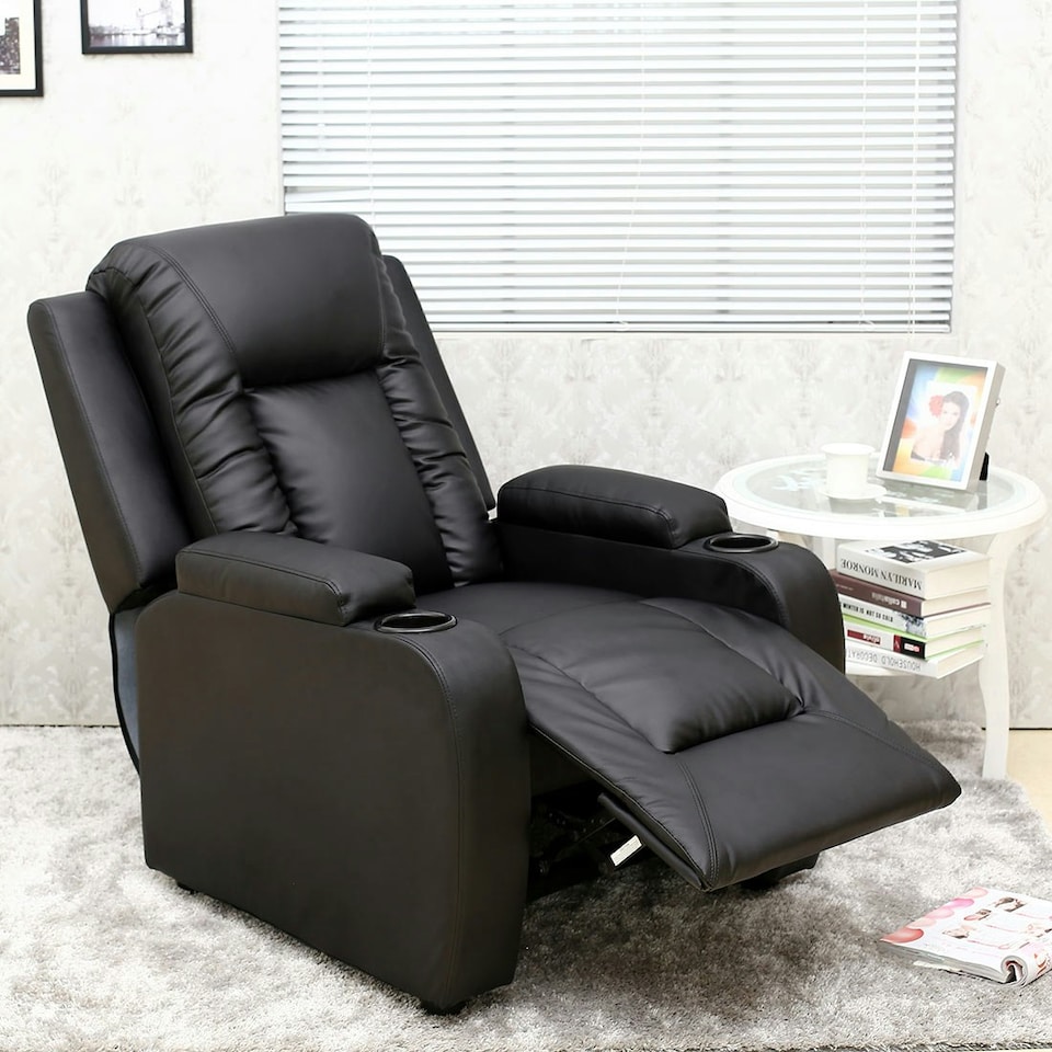 image 1 of Oscar Pushback Recliner Bonded Leather w Cupholders Chair Black | Black