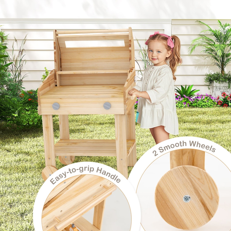 image 1 of COSTWAY Wooden Barbecue Grill Toy Set Kids BBQ Grill Playset With Play Food Natural