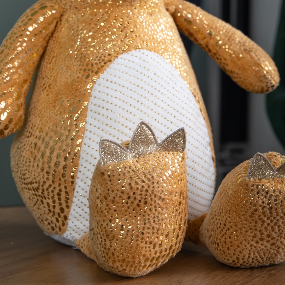 image 1 of 60cm Tall Gold Plush Zilla Dino Sitting Christmas Decoration with Santa Hat