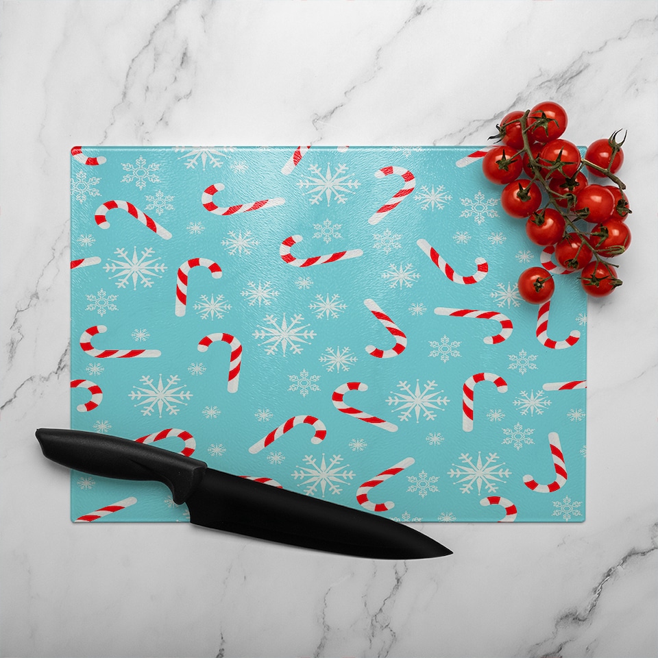 image 1 of Candy Canes And Snowflakes Dining Glass Chopping Board | Multi