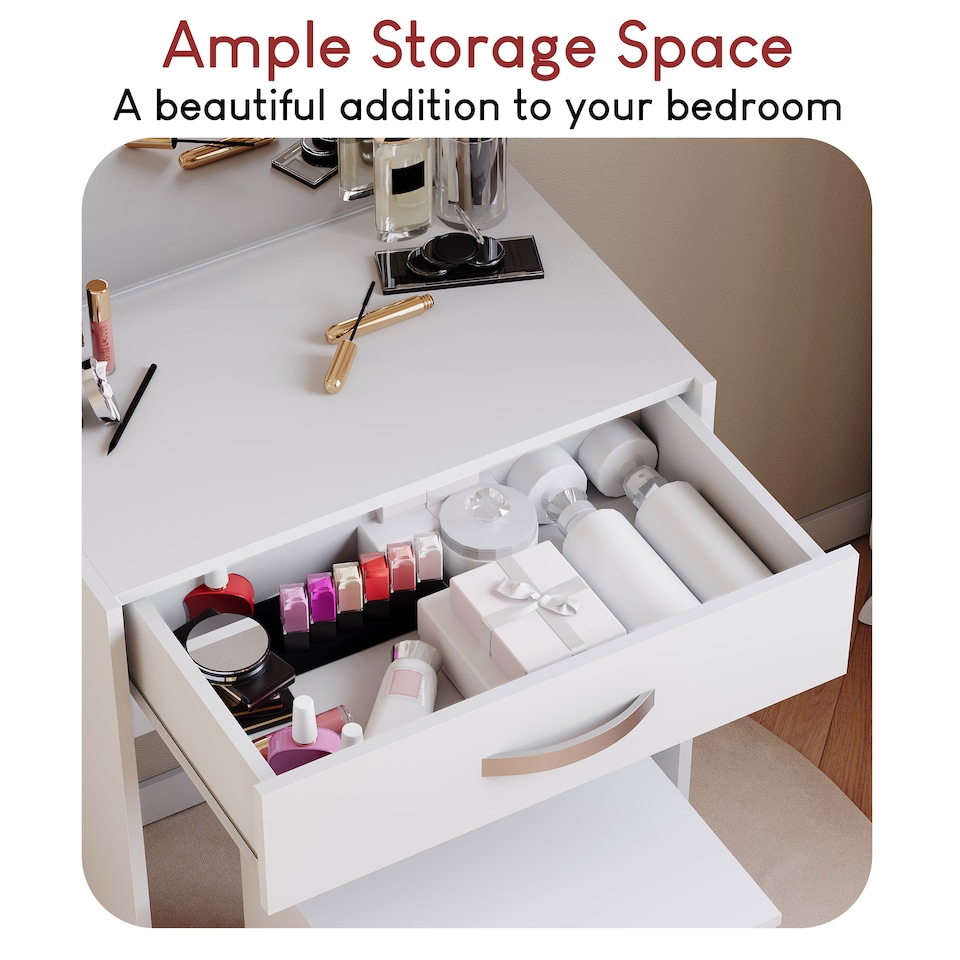 image 1 of Vida Designs Isla Dressing Table 1 Drawer Mirror & Stool Set Vanity Makeup Desk, White