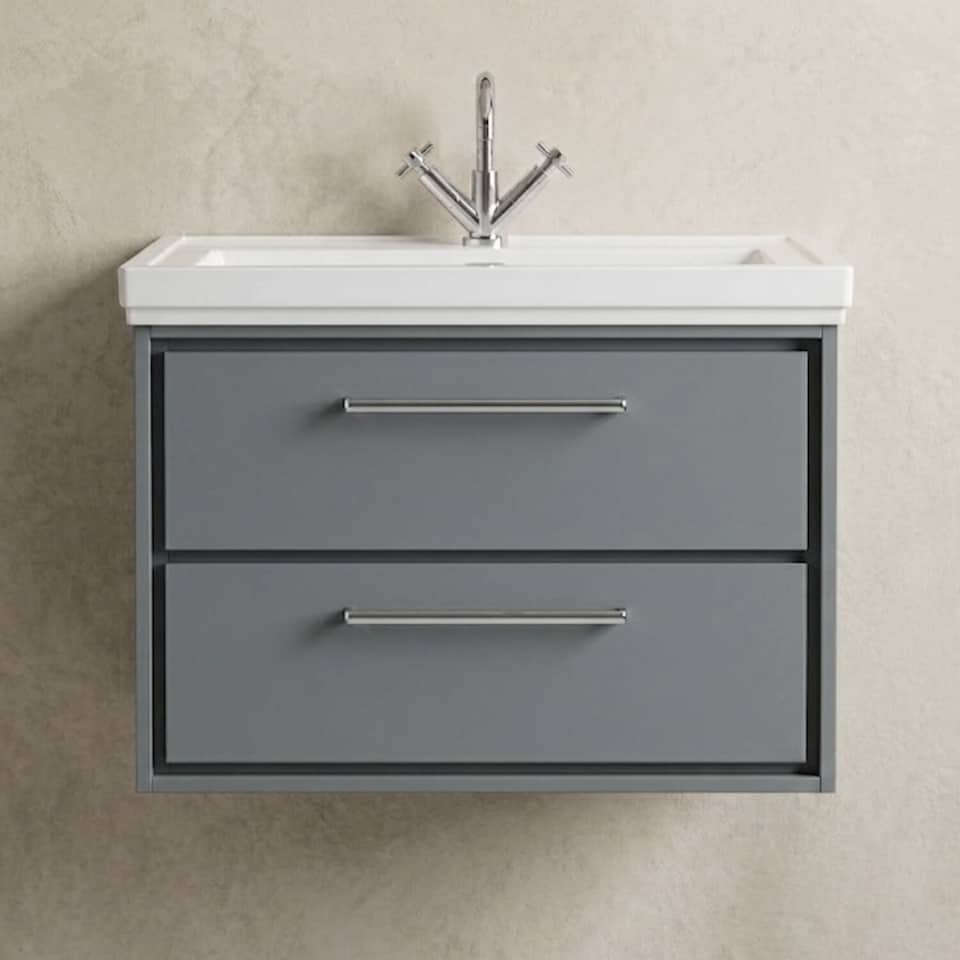 image 1 of Balterley Modern Wall Hung 2-Drawer Bathroom Vanity Unit with Fireclay Basin | Grey | Monument Grey | 606 x 830 x 471mm