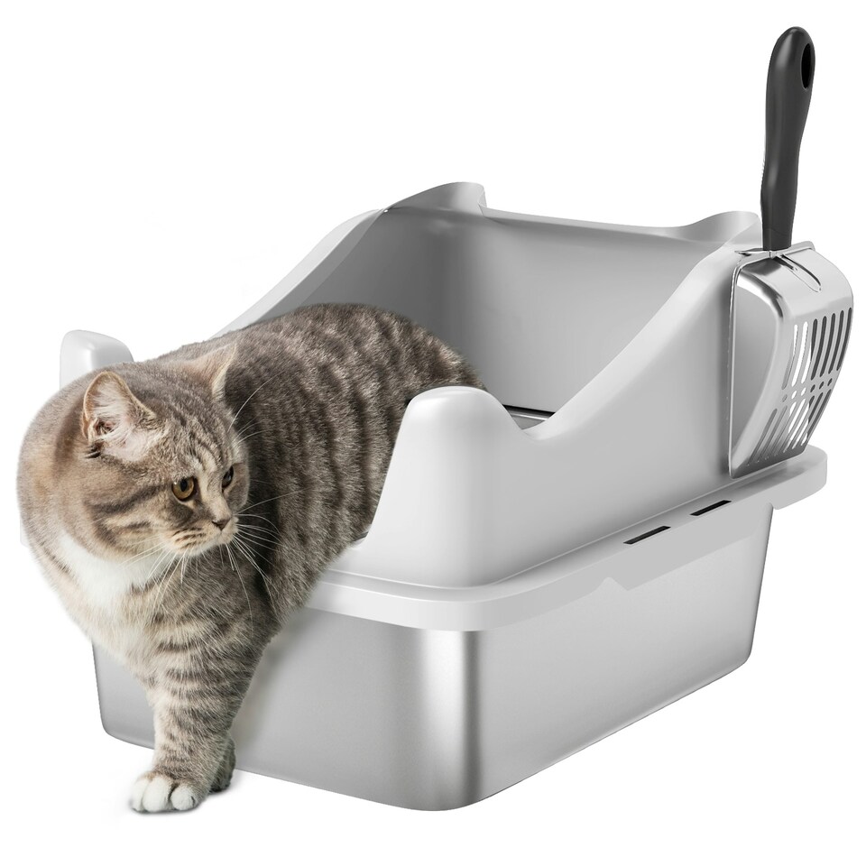 image 1 of PawHut Stainless Steel Cat Litter Box with High Sides Grey | L