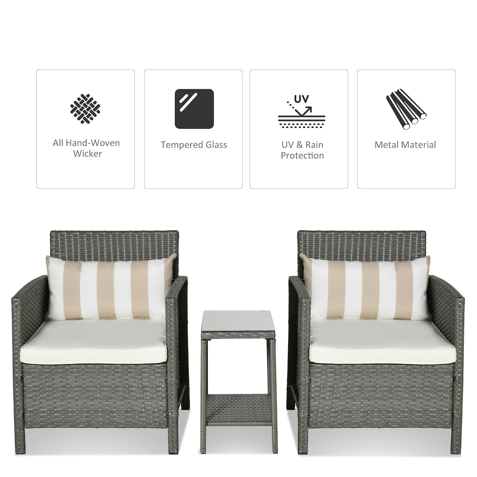 image 1 of Outsunny 3 PC Outdoor Rattan Sofa Set with Chairs Coffee Table Cushion