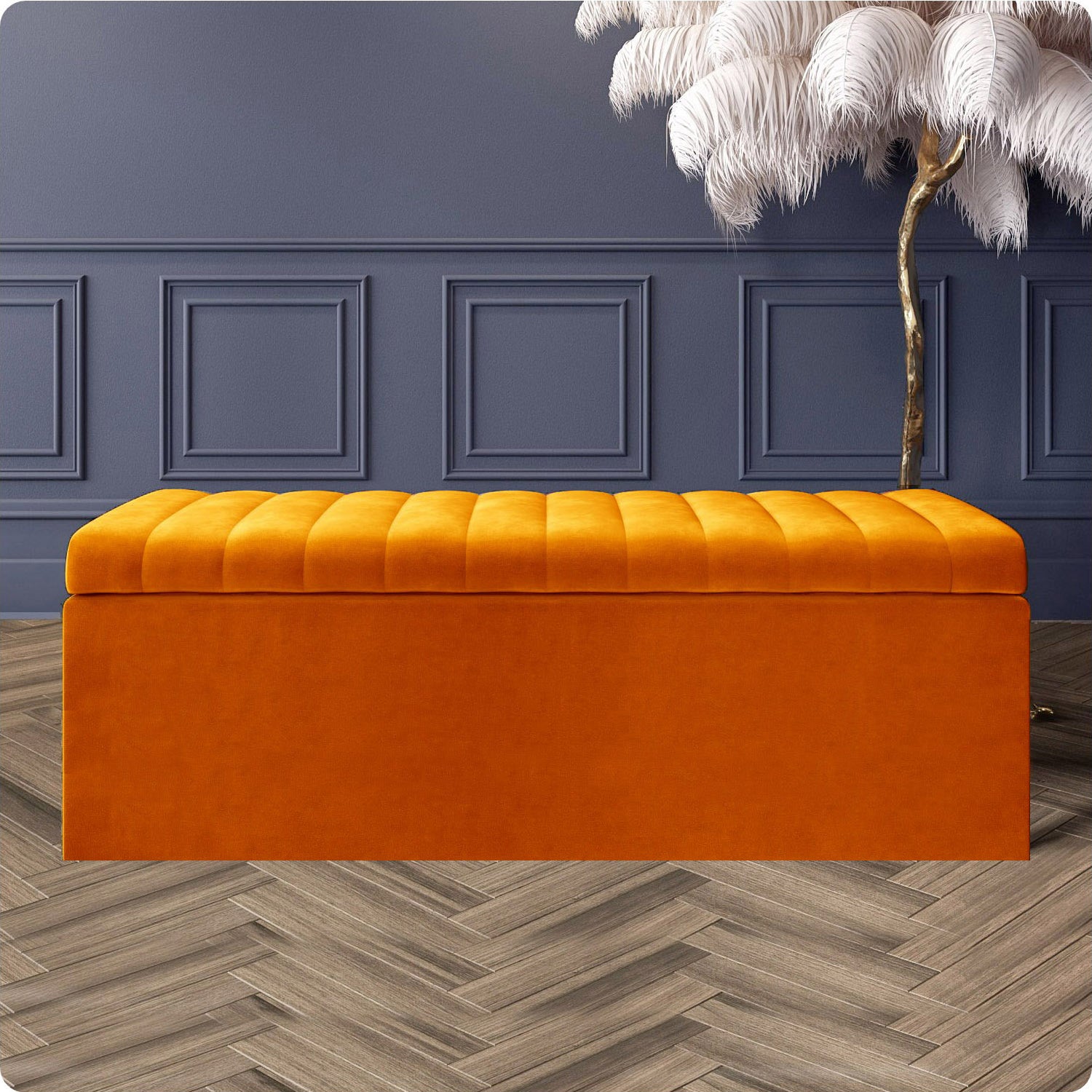 150cm Safar Large Striped Storage Ottoman Box, Burnt Orange Plush Velvet Upholstered Deep Storage Ottoman End of Bed Bench