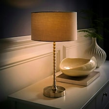 ValueLights Maeve Grey Fabric Drum Lamp Shade Brushed Chrome Bobbin Bobble Table Lamp Silver