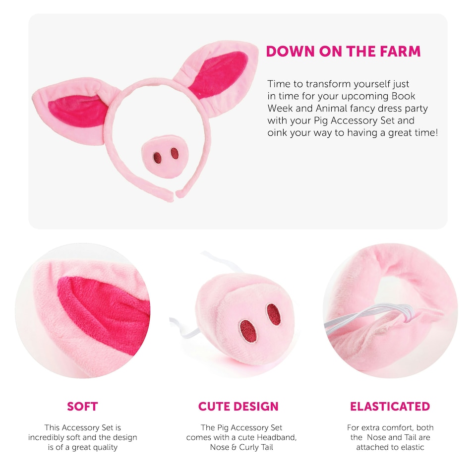 image 1 of Pig Fancy Dress Set – Headband with Ears, Nose & Tail Costume Kit N/A | One Size