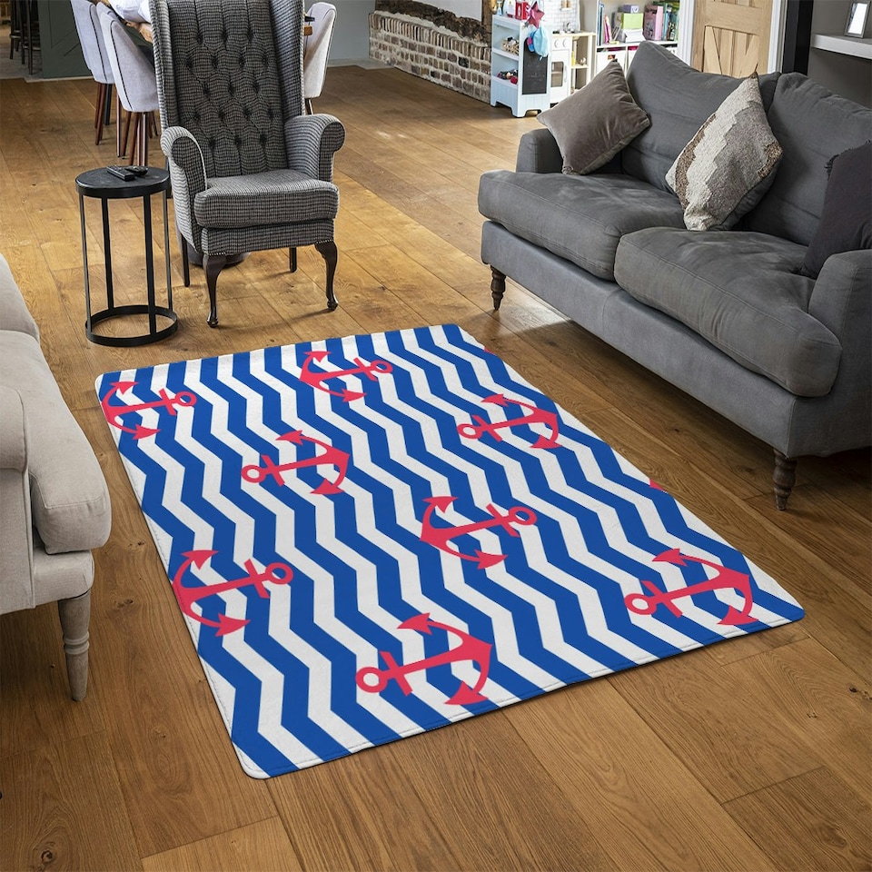 image 1 of Anchors on Zig Zag Stripes (Rug) Blue | Small: 60x110cm