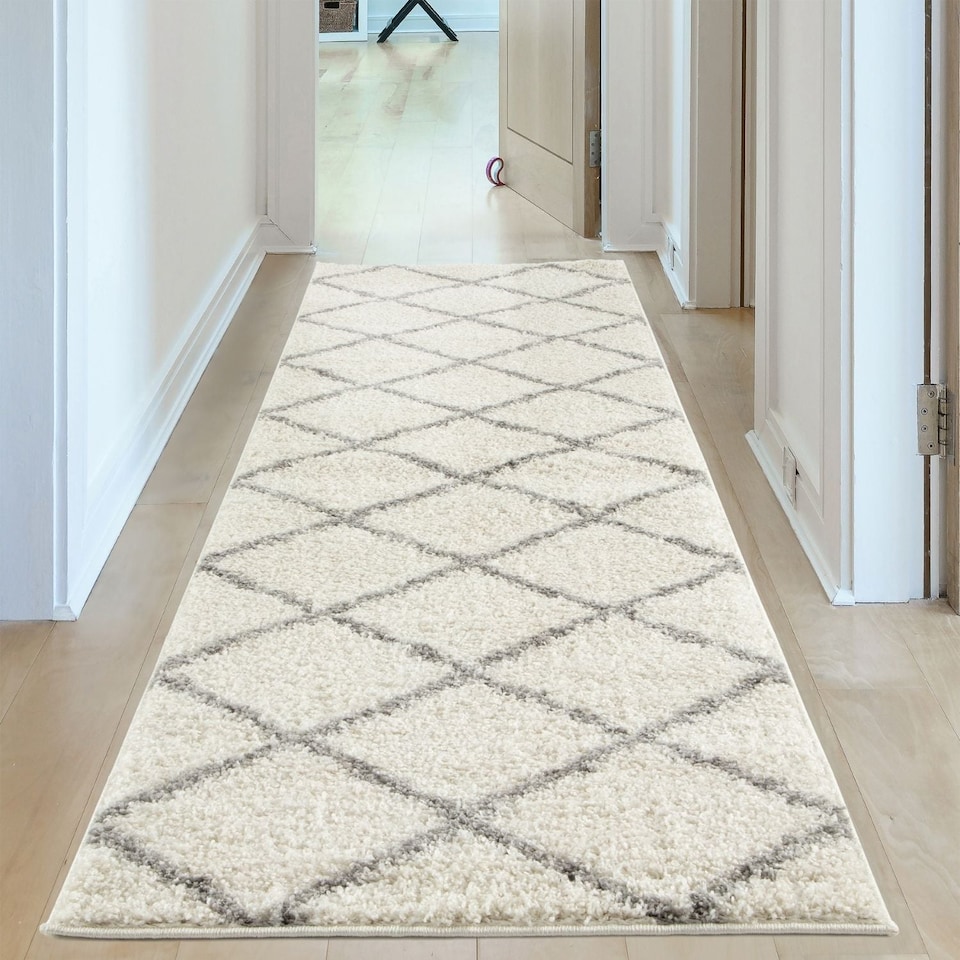 image 1 of The Rugs Moroccan Collection Soft High Pile Shaggy Diamond Floor Rugs and Runners Living Room