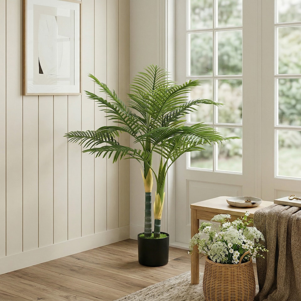 image 1 of HOMCOM 120cm Artificial Palm Tree with 14 PEVA Leaves in Pot, Green