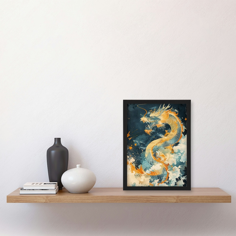 image 1 of Japanese Orange Water Living Room Dragon Black Framed Wall Art Print A4