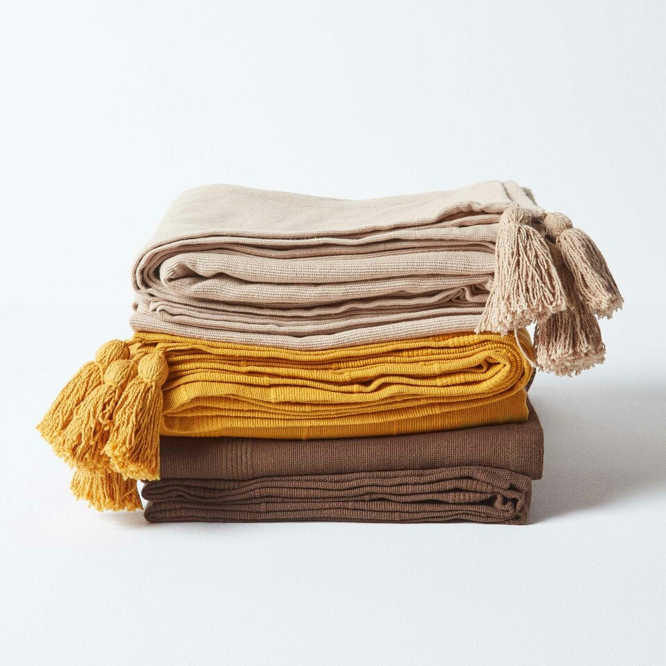 image 1 of Homescapes Cotton Rajput Ribbed Beige Throw - 150 x 200 cm Cream