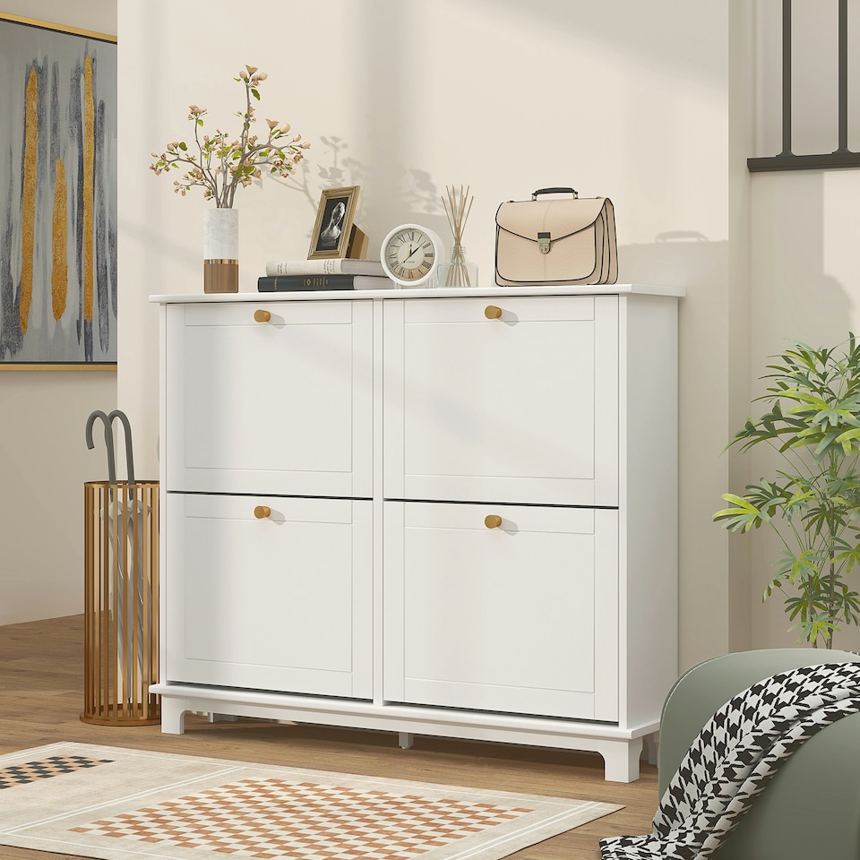 image 1 of HOMCOM Narrow Shoe Cabinet with 4 Flip Drawers Adjustable Shelves White | Gold | 119.5W x 23.5D x 87H cm